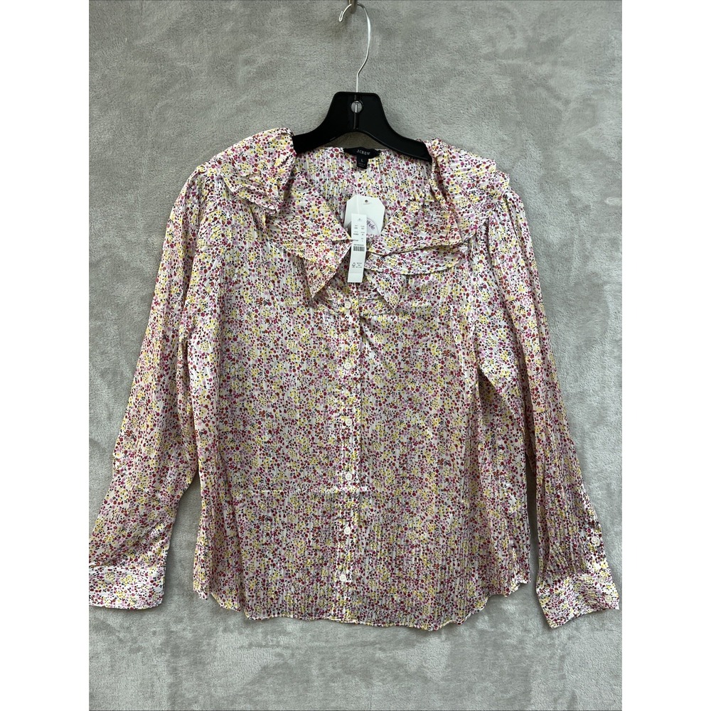 J. Crew Top Women's L Floral Ditsy Print Satin Ruffled Blouse NWT Pink Button Up